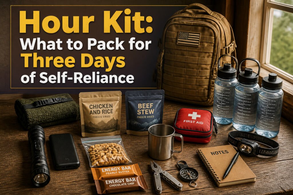 A 72 hour kit displayed with diverse survival items like food, water, and tools.