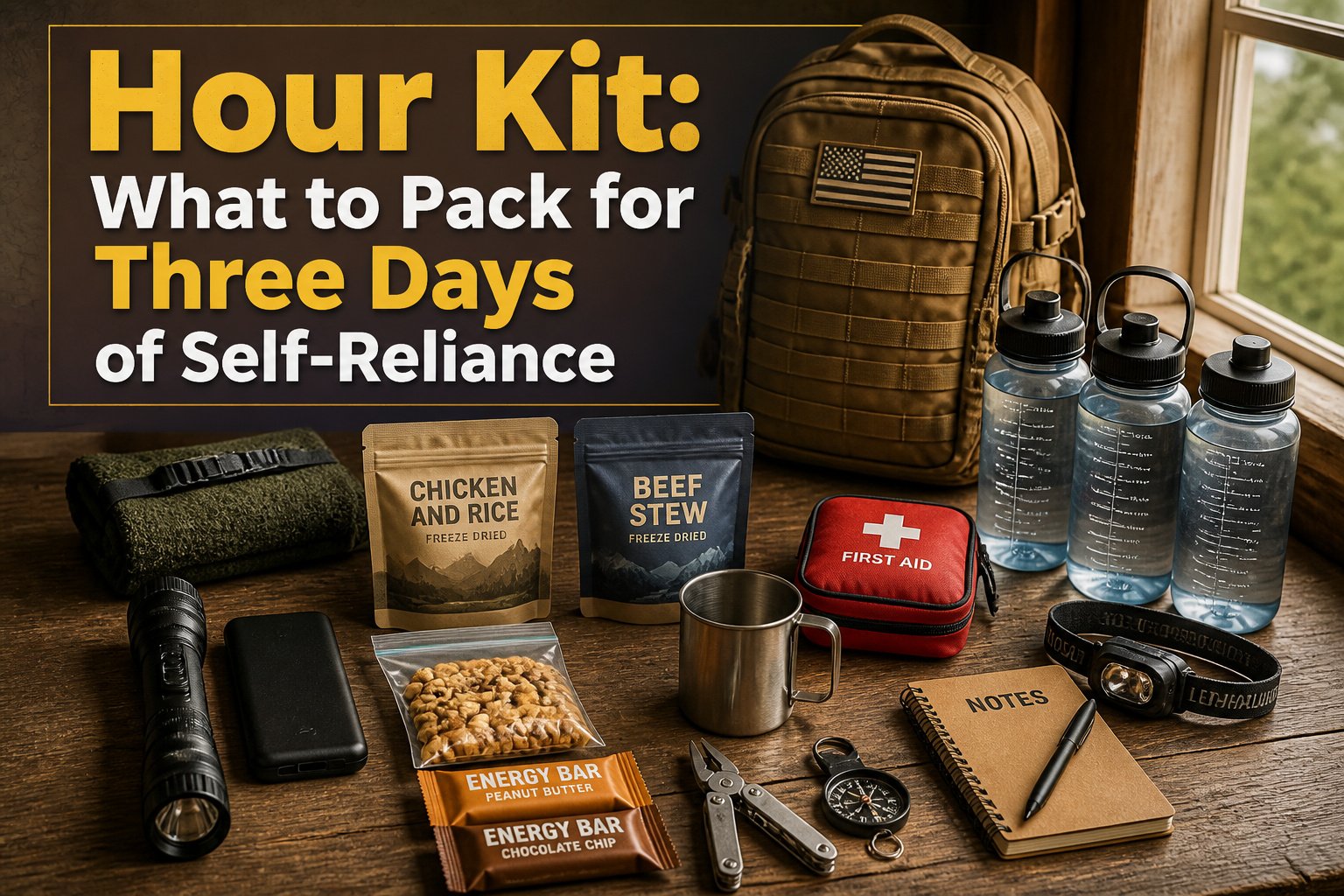 A 72 hour kit displayed with diverse survival items like food, water, and tools.