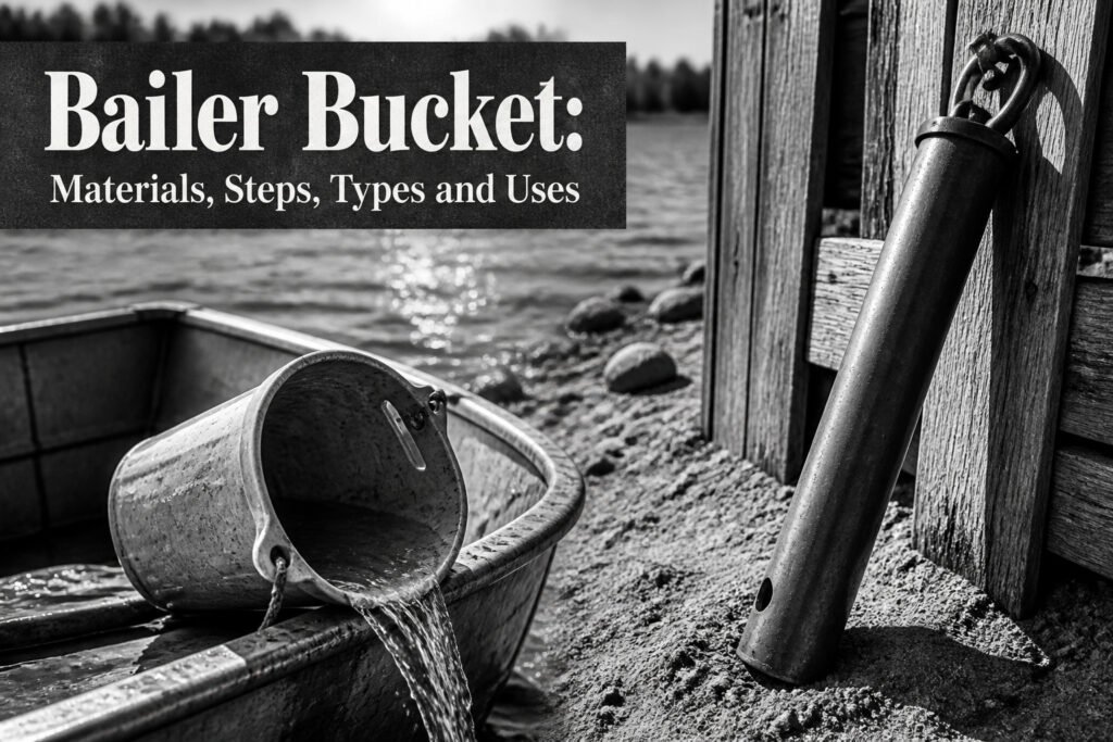 Bailer bucket positioned on a wooden pier by a lake.