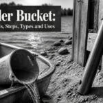Bailer bucket positioned on a wooden pier by a lake.