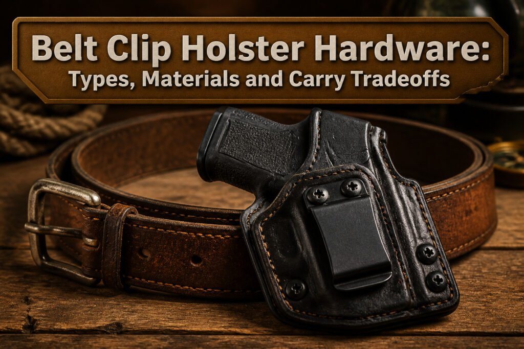 Different styles of belt clip holsters arranged on a surface.