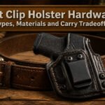 Different styles of belt clip holsters arranged on a surface.
