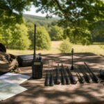 A picnic table in a sunlit park with various antennas and equipment