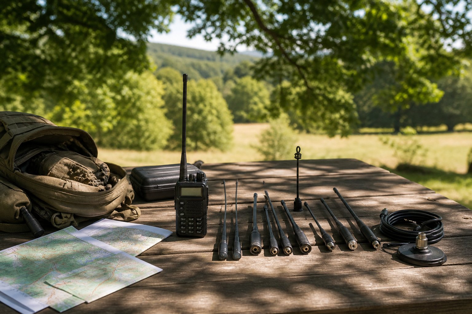 A picnic table in a sunlit park with various antennas and equipment