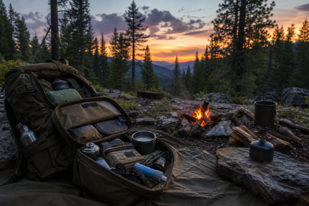 A rugged campsite at dusk with pine trees and a fading sunset