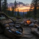 A rugged campsite at dusk with pine trees and a fading sunset