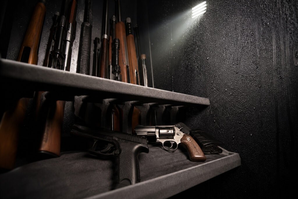 A dimly lit gun safe with neatly arranged firearms on shelves