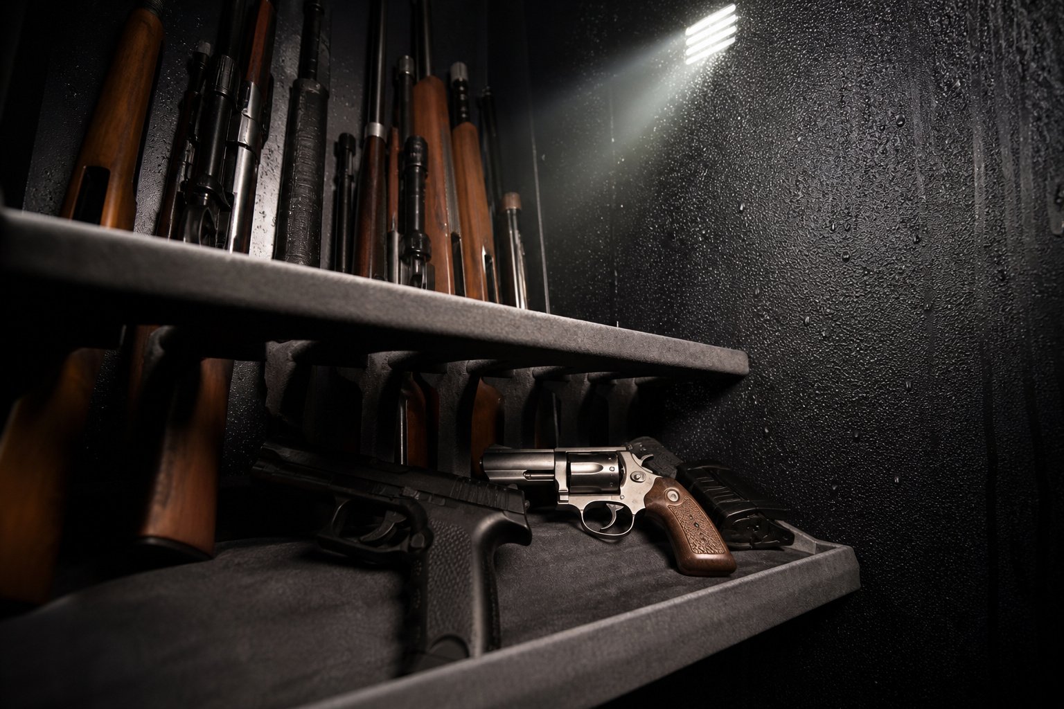 A dimly lit gun safe with neatly arranged firearms on shelves
