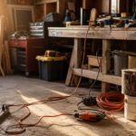 Cluttered garage with tools scattered across a workbench in afternoon light.