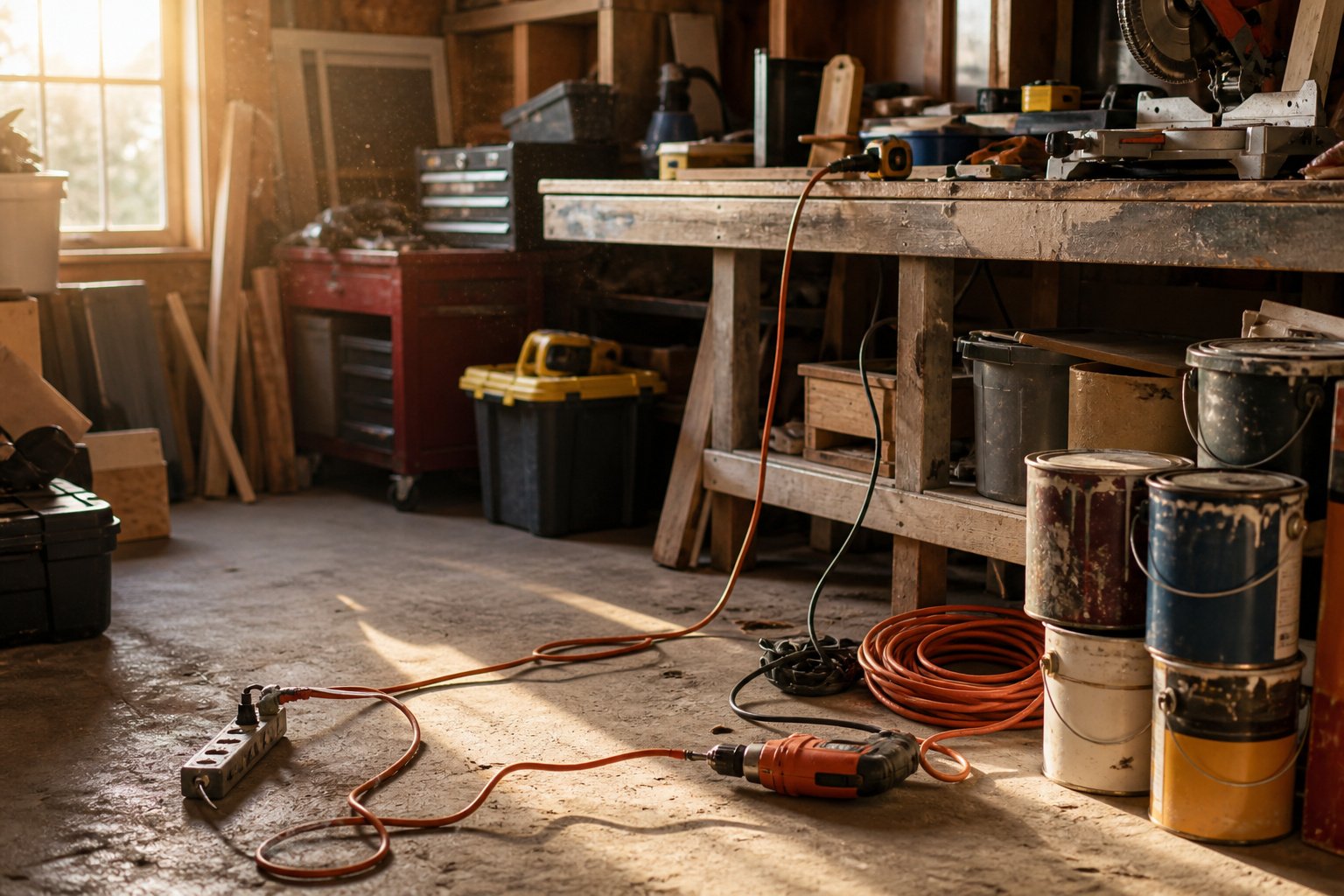 Cluttered garage with tools scattered across a workbench in afternoon light.