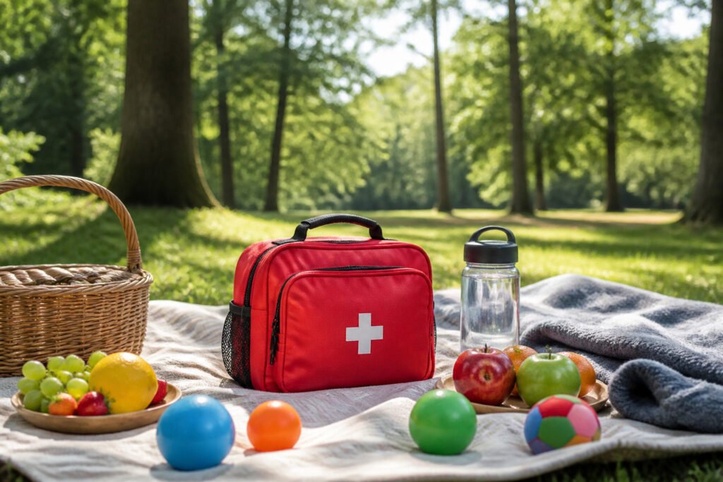A sunlit picnic area with a neatly arranged first aid kit on a table.