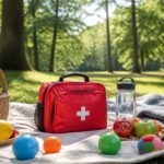 A sunlit picnic area with a neatly arranged first aid kit on a table.