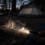 A dimly lit campsite with a small tent and tall trees at dusk.