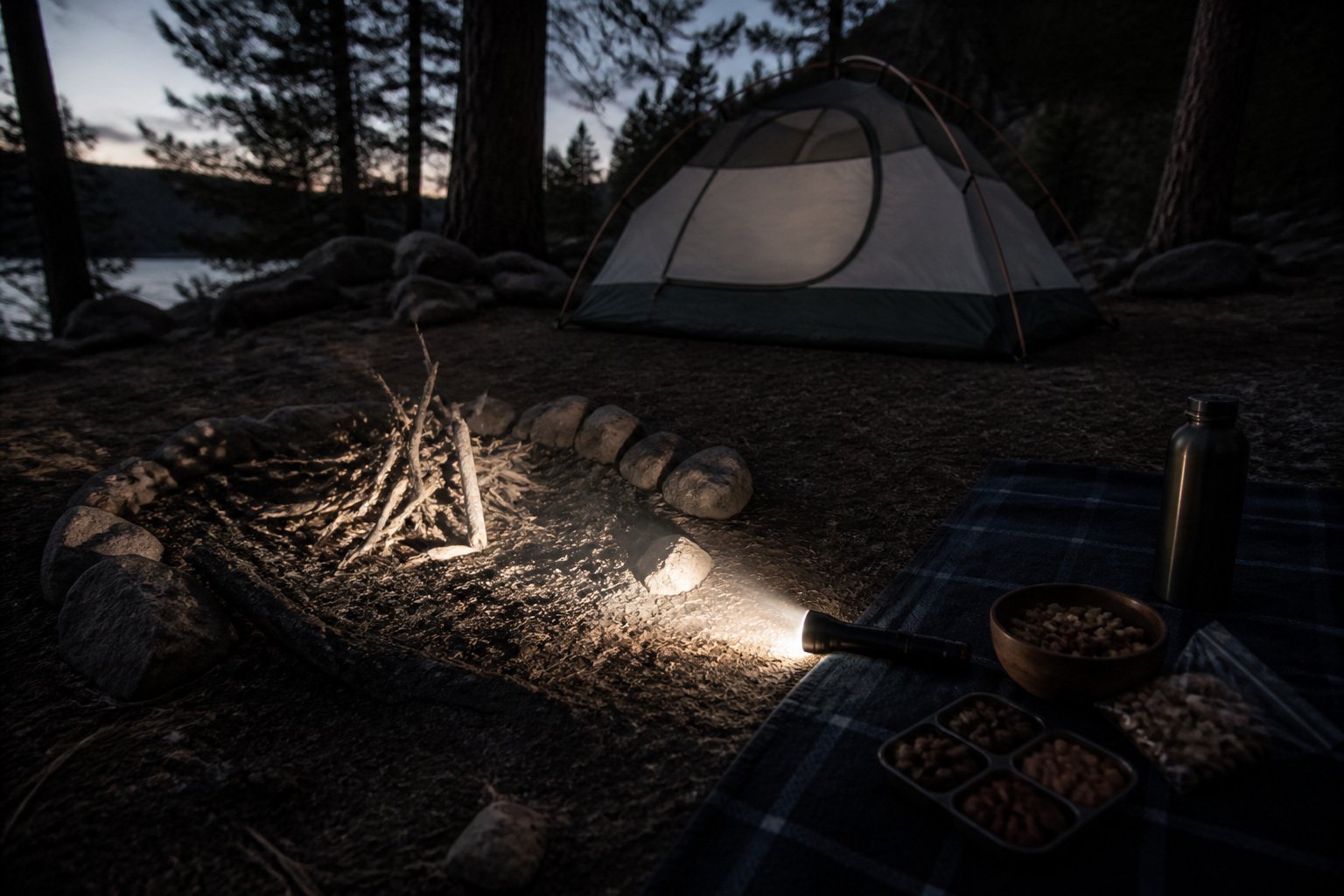 A dimly lit campsite with a small tent and tall trees at dusk.