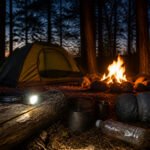 A serene forest campsite at dusk with a tent and campfire.