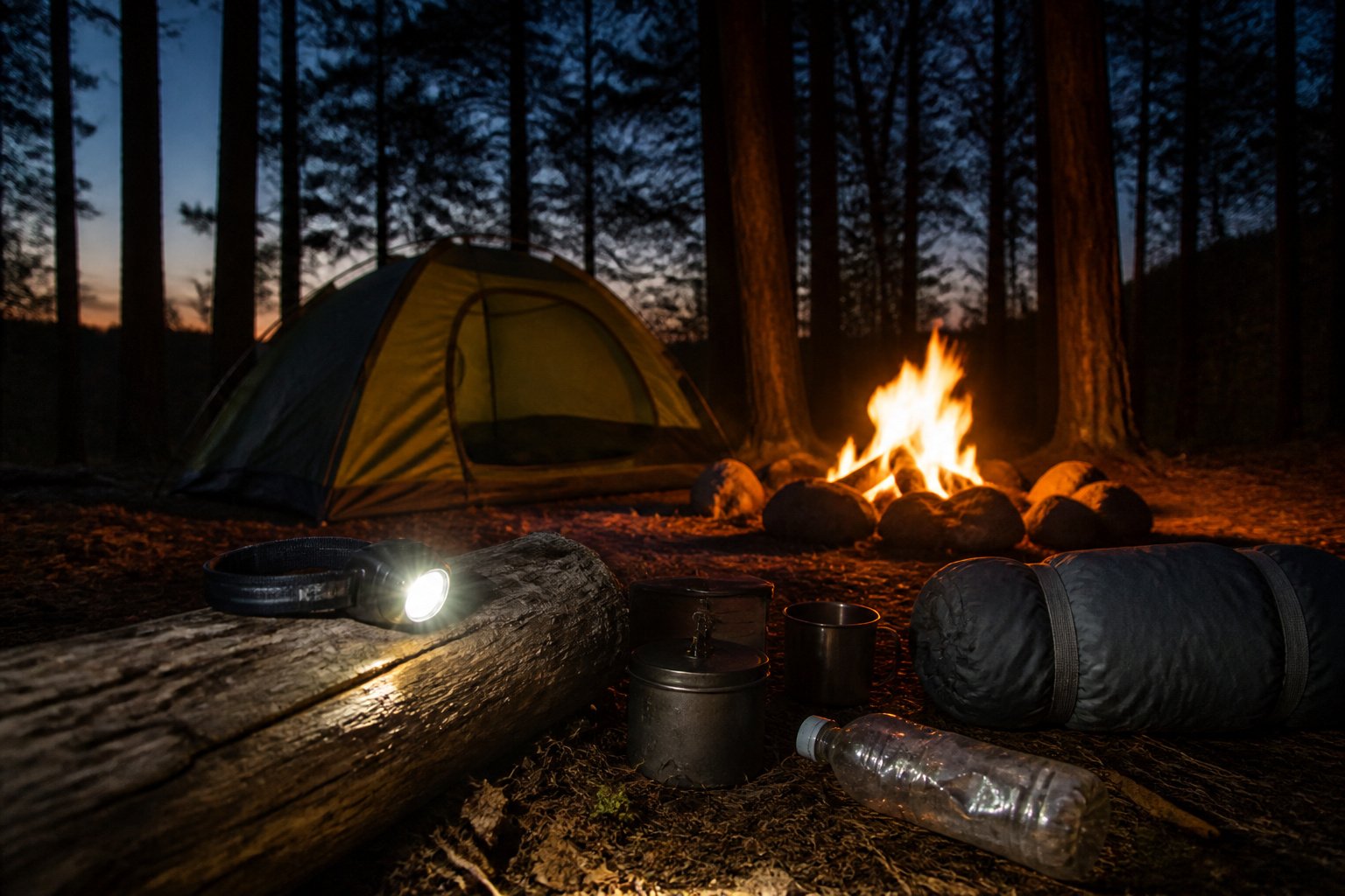 A serene forest campsite at dusk with a tent and campfire.