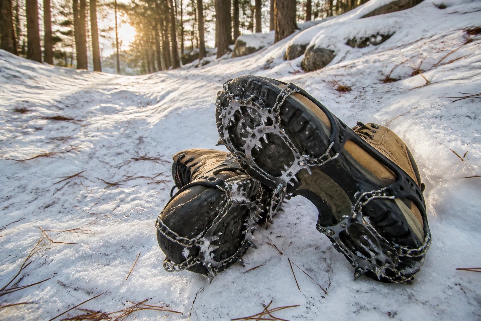 Snowy outdoor trail in a wooded park during late afternoon
