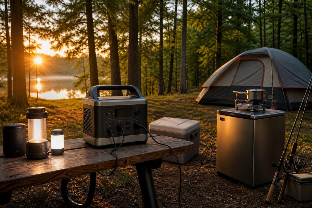 A solar generator at a campsite surrounded by trees and a tent.