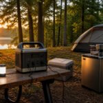 A solar generator at a campsite surrounded by trees and a tent.