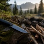 A rugged campsite at dawn with pine trees and misty mountains
