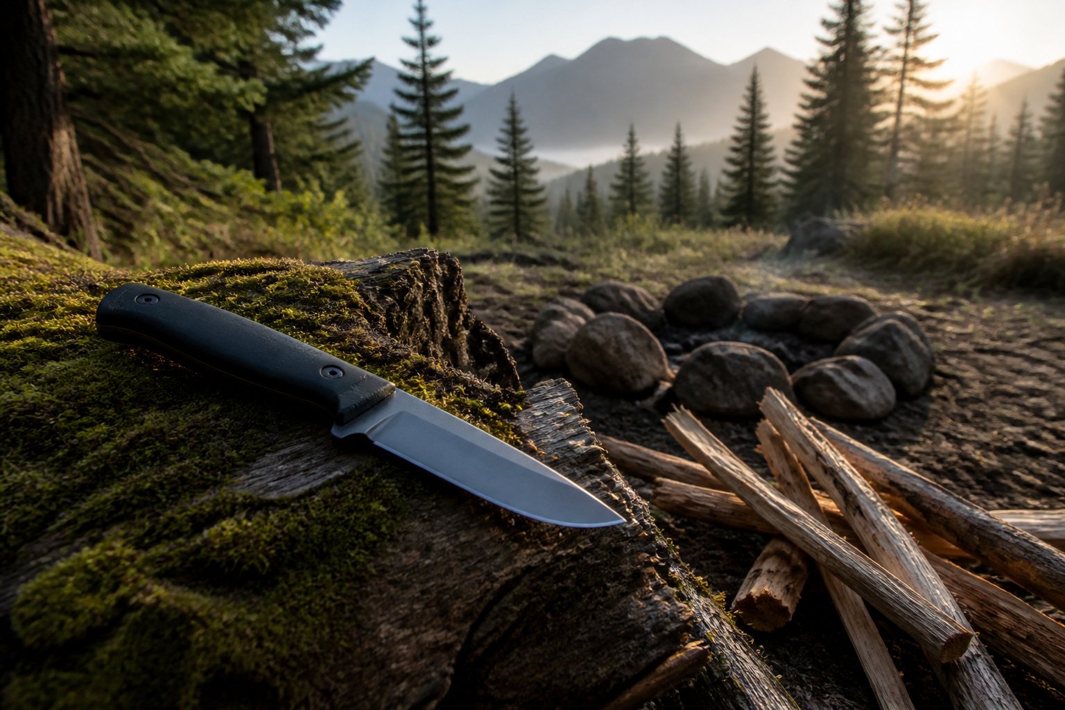 A rugged campsite at dawn with pine trees and misty mountains