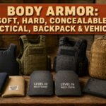 Various body armor types including soft, hard, and tactical options.