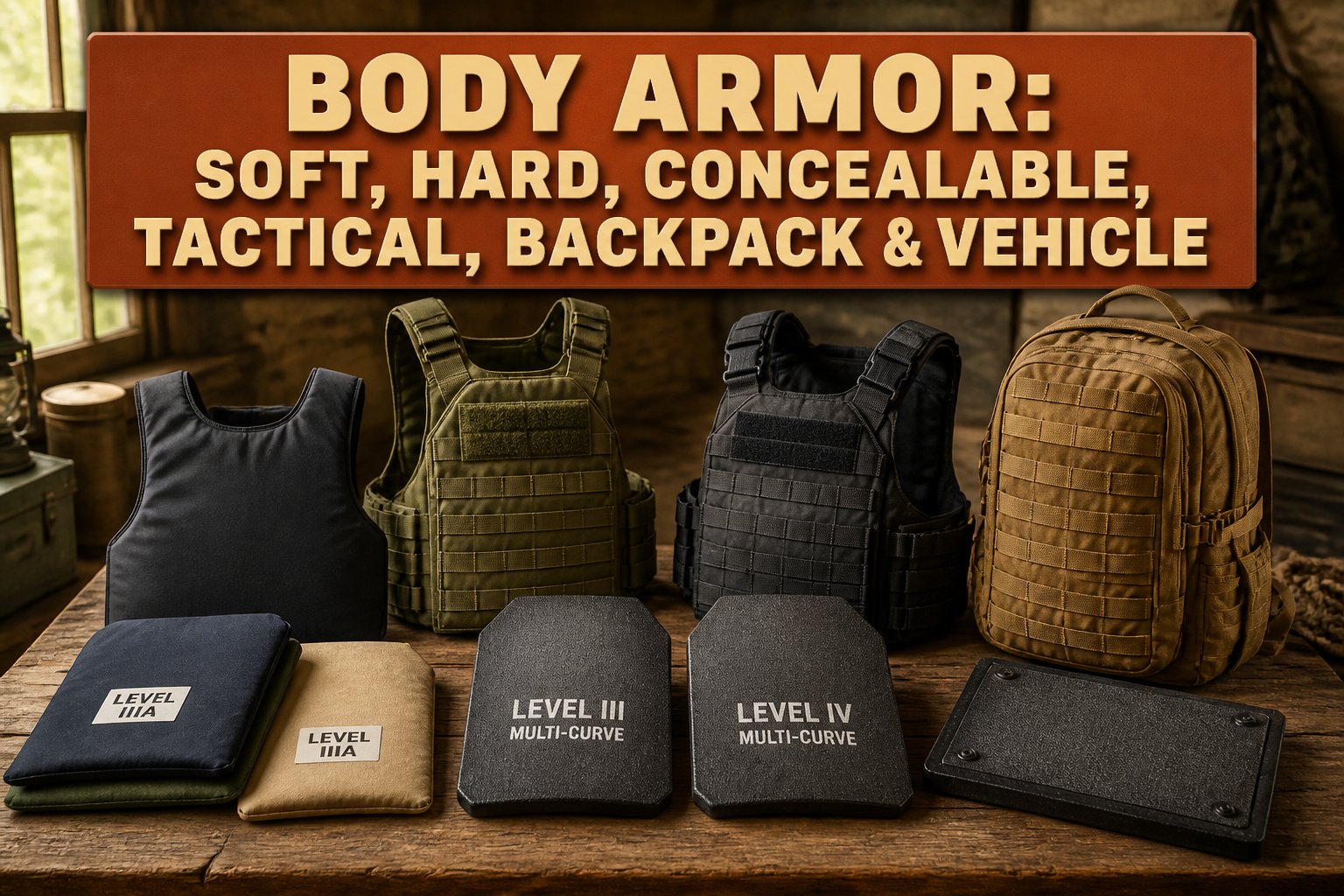 Various body armor types including soft, hard, and tactical options.