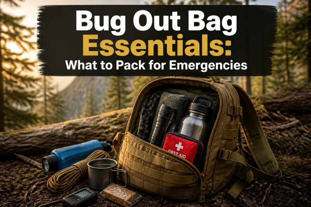 A bug out bag filled with various survival gear and supplies.