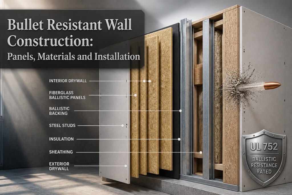 Image showing multiple bullet-resistant wall panels in a construction environment.