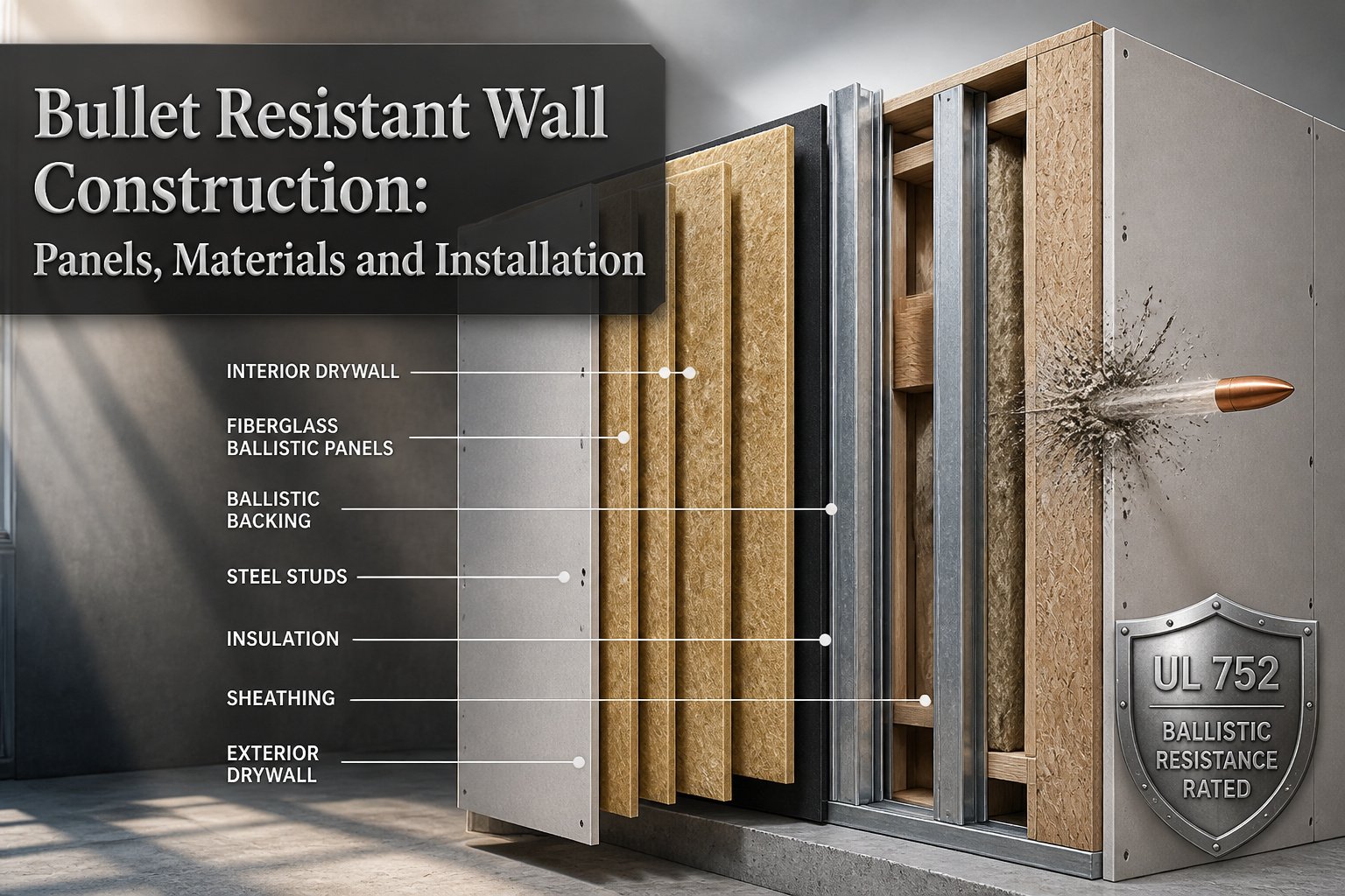 Image showing multiple bullet-resistant wall panels in a construction environment.
