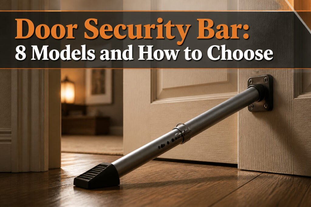 Different models of door security bars displayed together.
