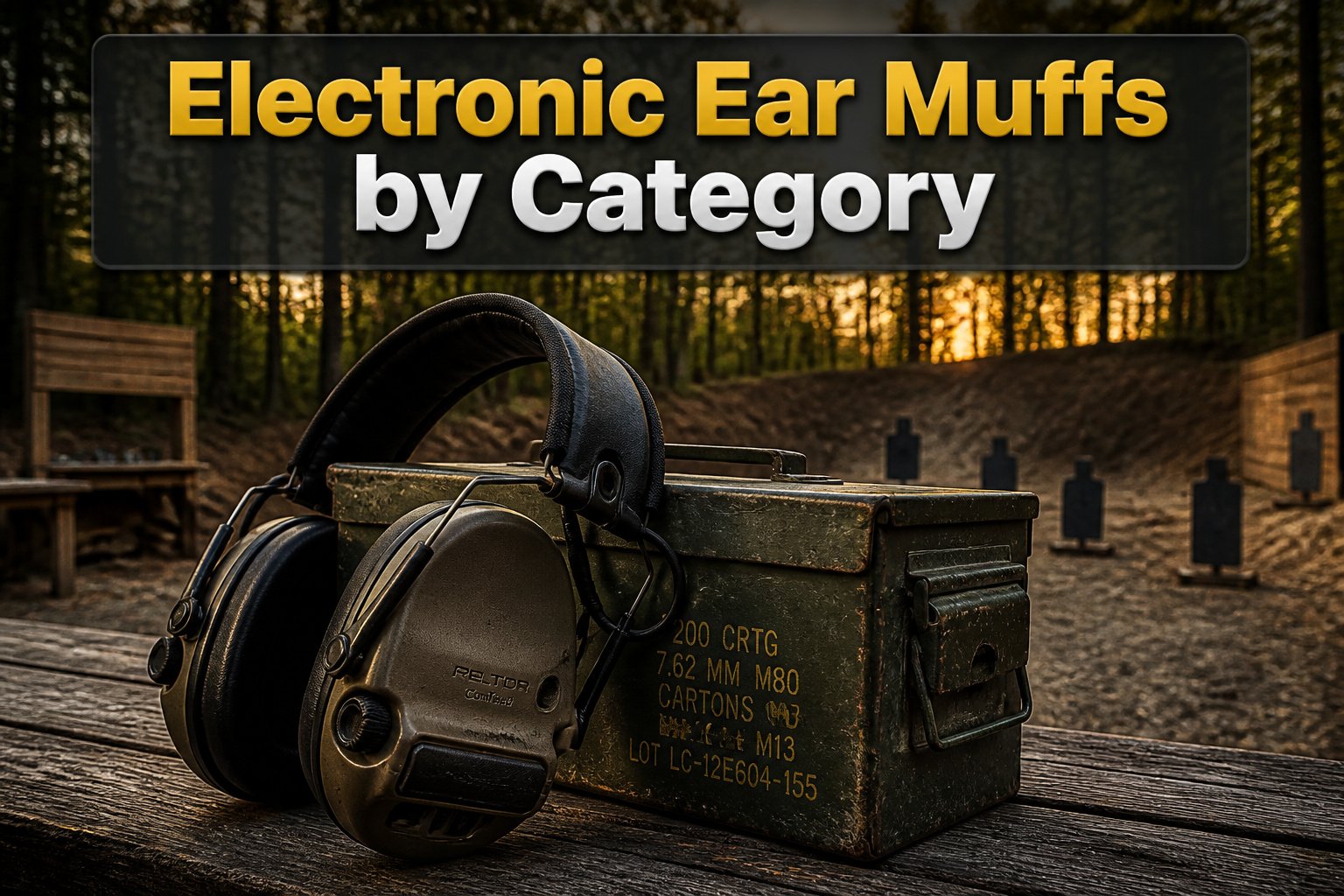 Various electronic ear muffs arranged on a wooden surface.