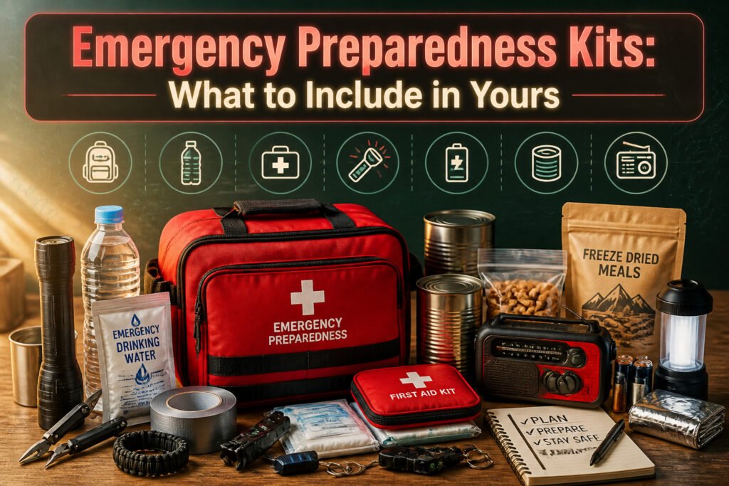 A collection of emergency preparedness supplies organized in a kit.