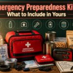 A collection of emergency preparedness supplies organized in a kit.
