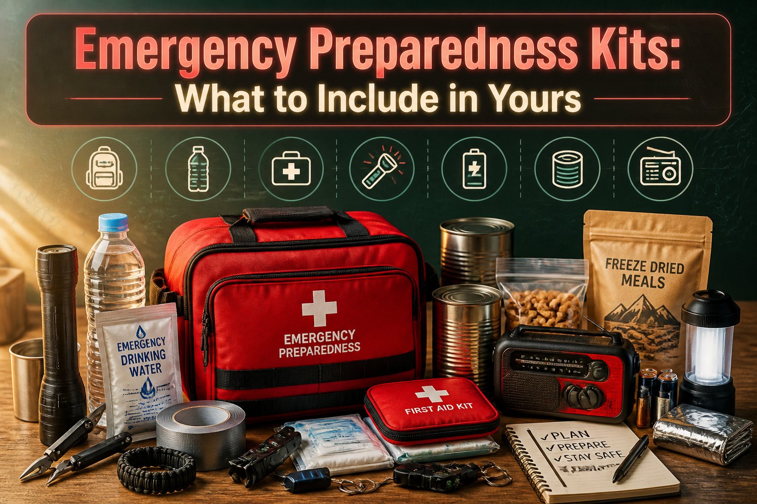 A collection of emergency preparedness supplies organized in a kit.