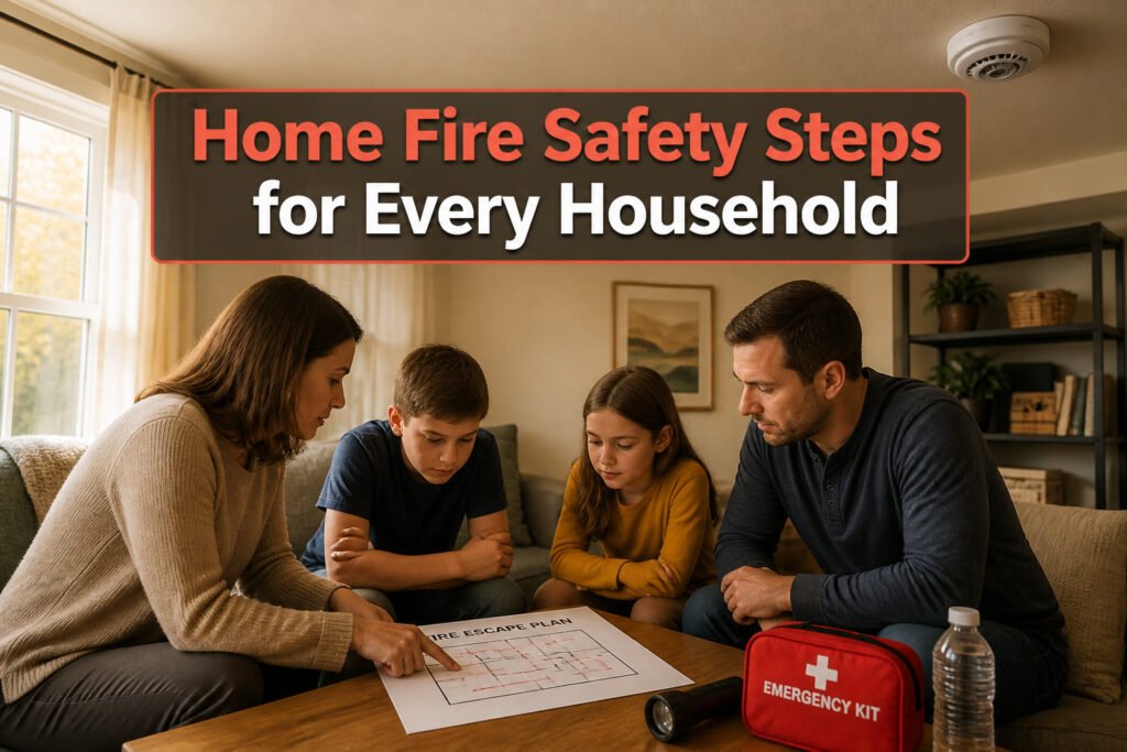 A cozy home interior emphasizing fire safety features and preparedness.