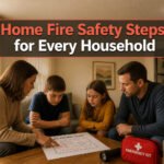 A cozy home interior emphasizing fire safety features and preparedness.