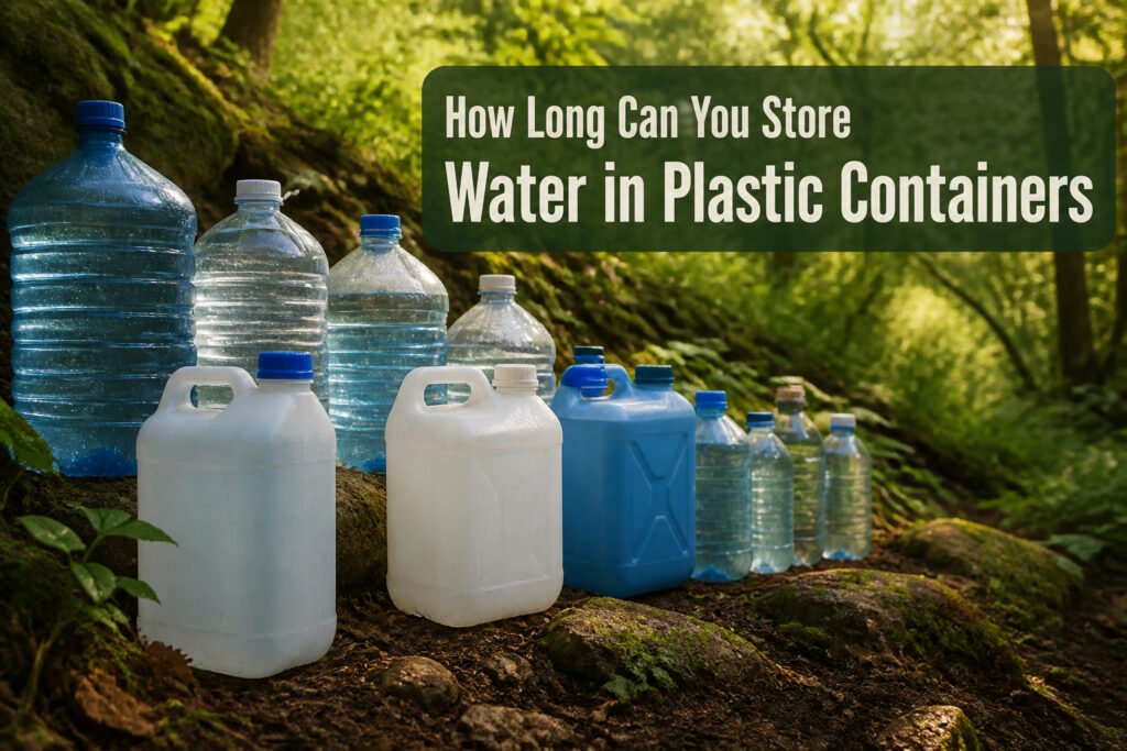 A five-gallon plastic water jug sitting in a garage.