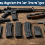 Various firearms and magazines displayed on a textured surface.