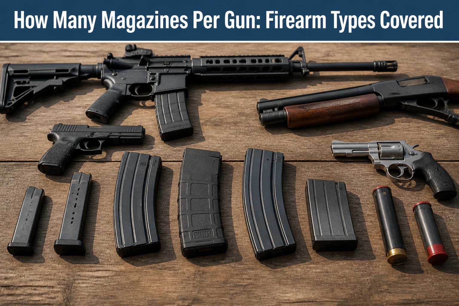 Various firearms and magazines displayed on a textured surface.