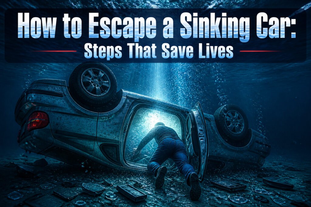 A driver inside a car, water rising around them, looking determined.