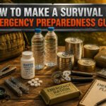 A well-organized emergency kit with various survival items on a sturdy table.