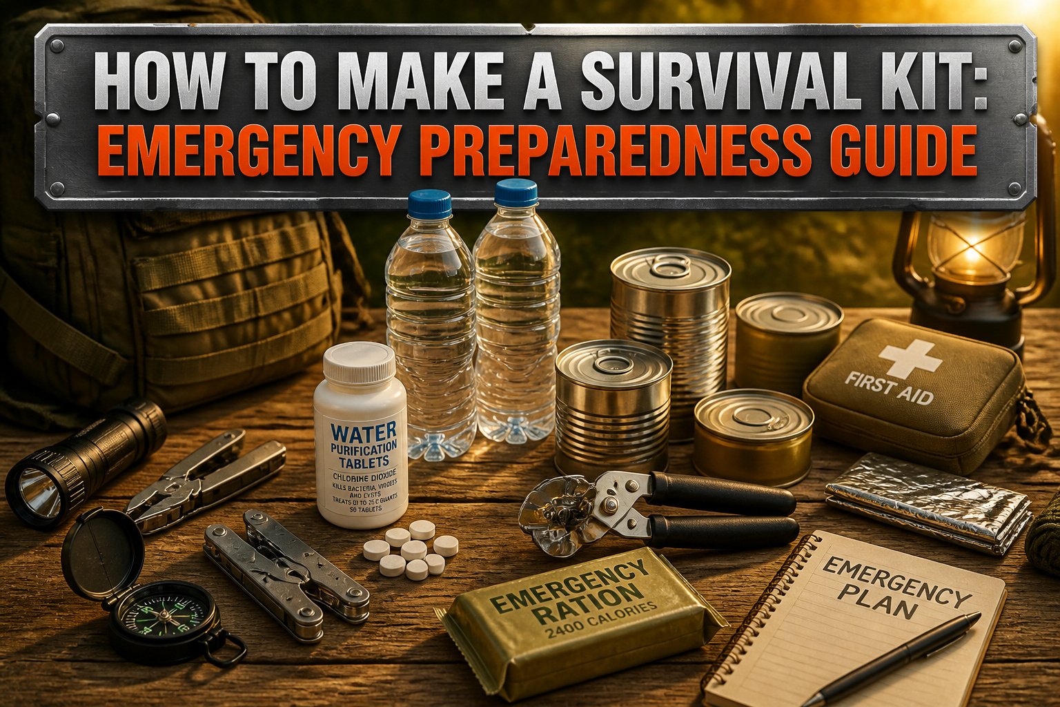 A well-organized emergency kit with various survival items on a sturdy table.