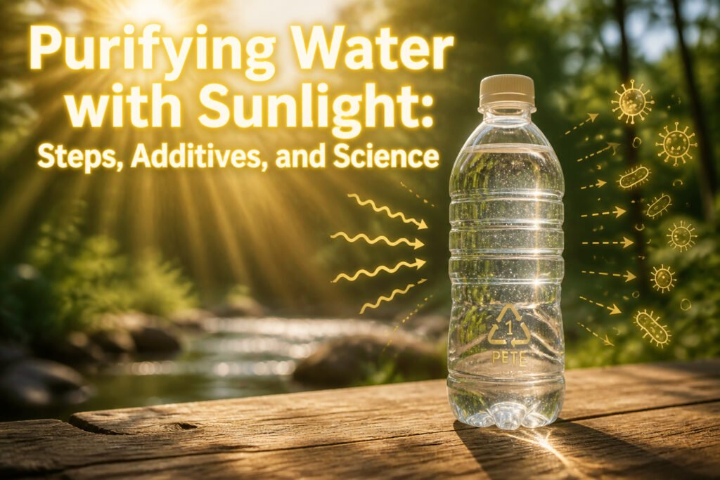 A clear PET bottle filled with water sits in sunlight.
