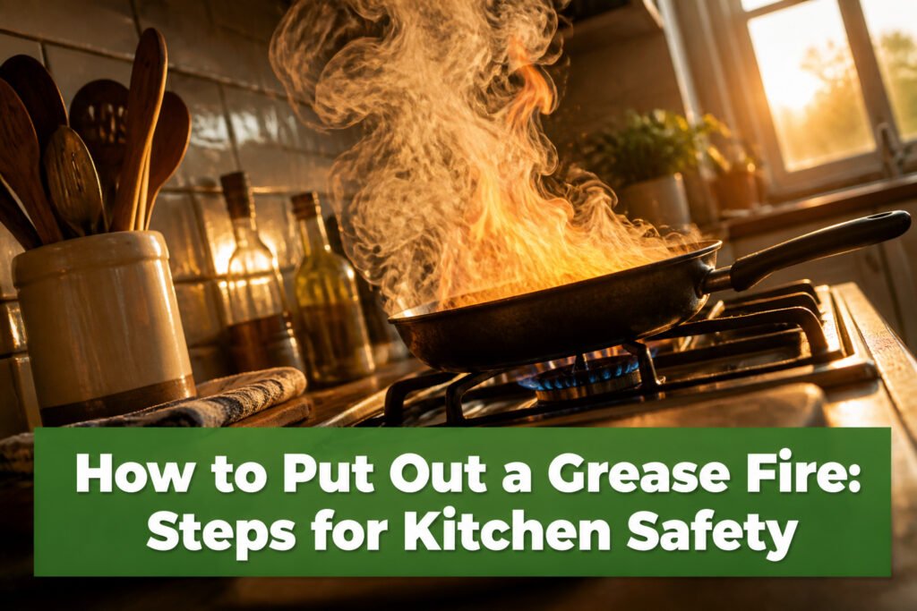 Gas stovetop with a frying pan filled with oil and an off burner knob.