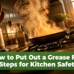Gas stovetop with a frying pan filled with oil and an off burner knob.
