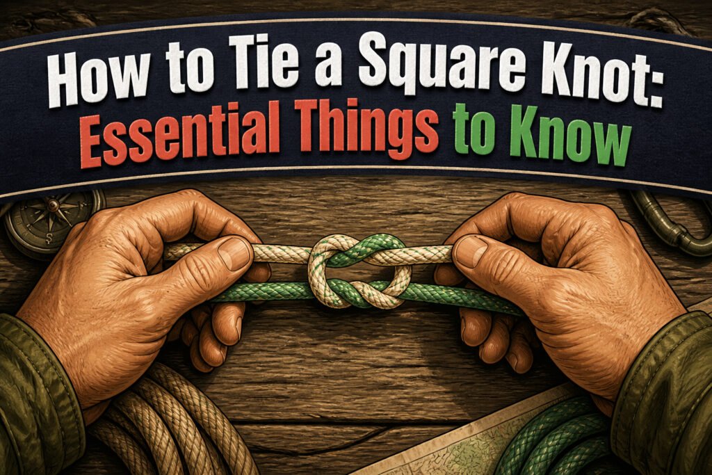 A square knot tied in teal rope on a rugged canvas background.