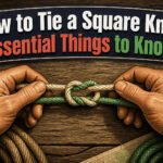 A square knot tied in teal rope on a rugged canvas background.