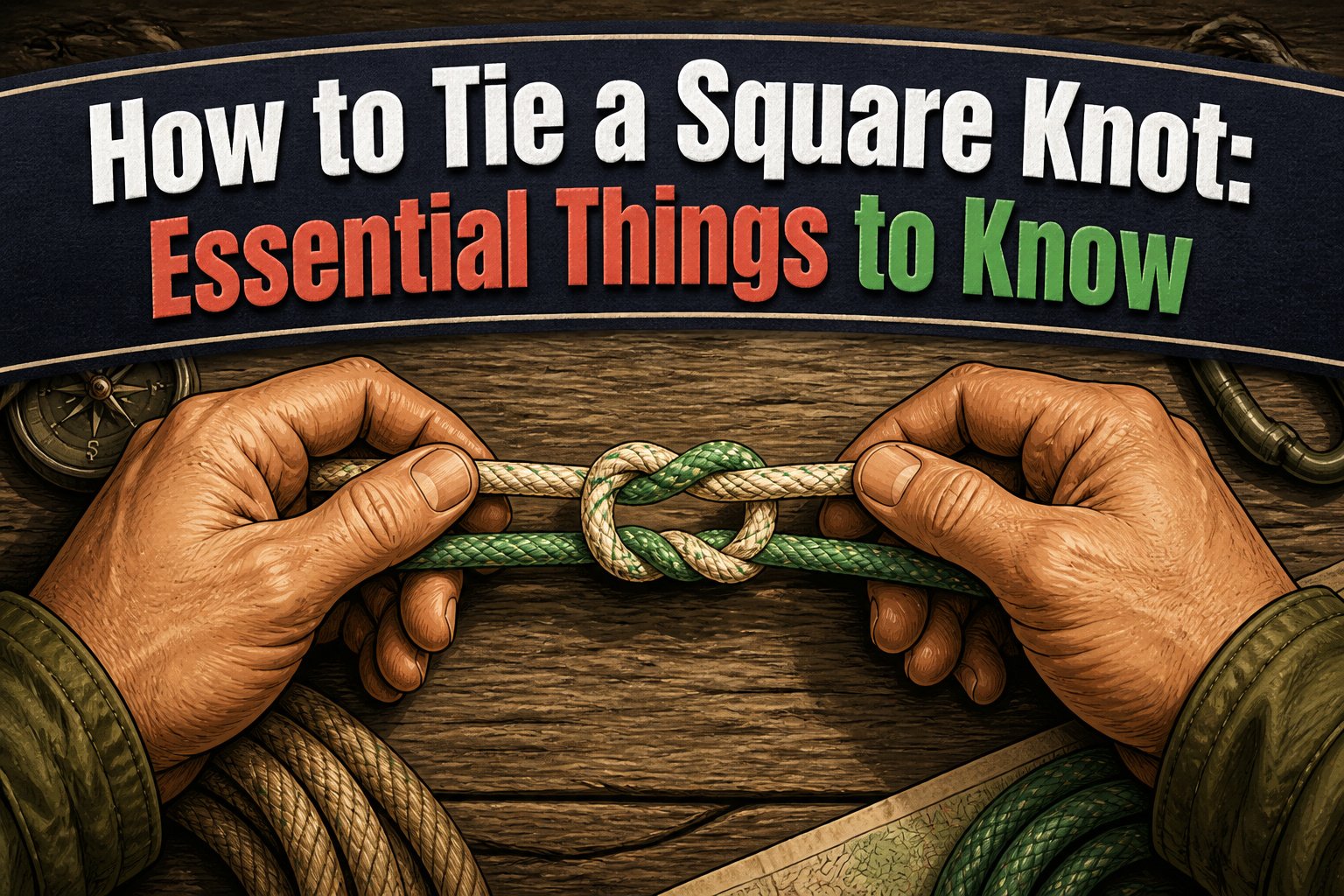A square knot tied in teal rope on a rugged canvas background.