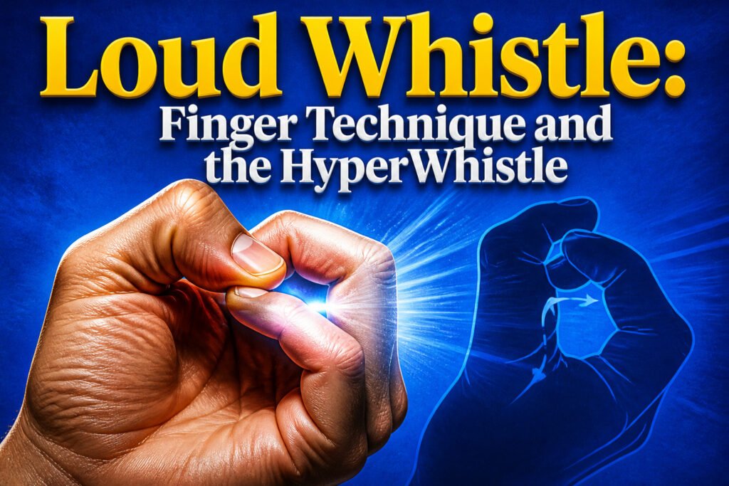 Hands positioned to form an 'A' shape, demonstrating whistling technique.